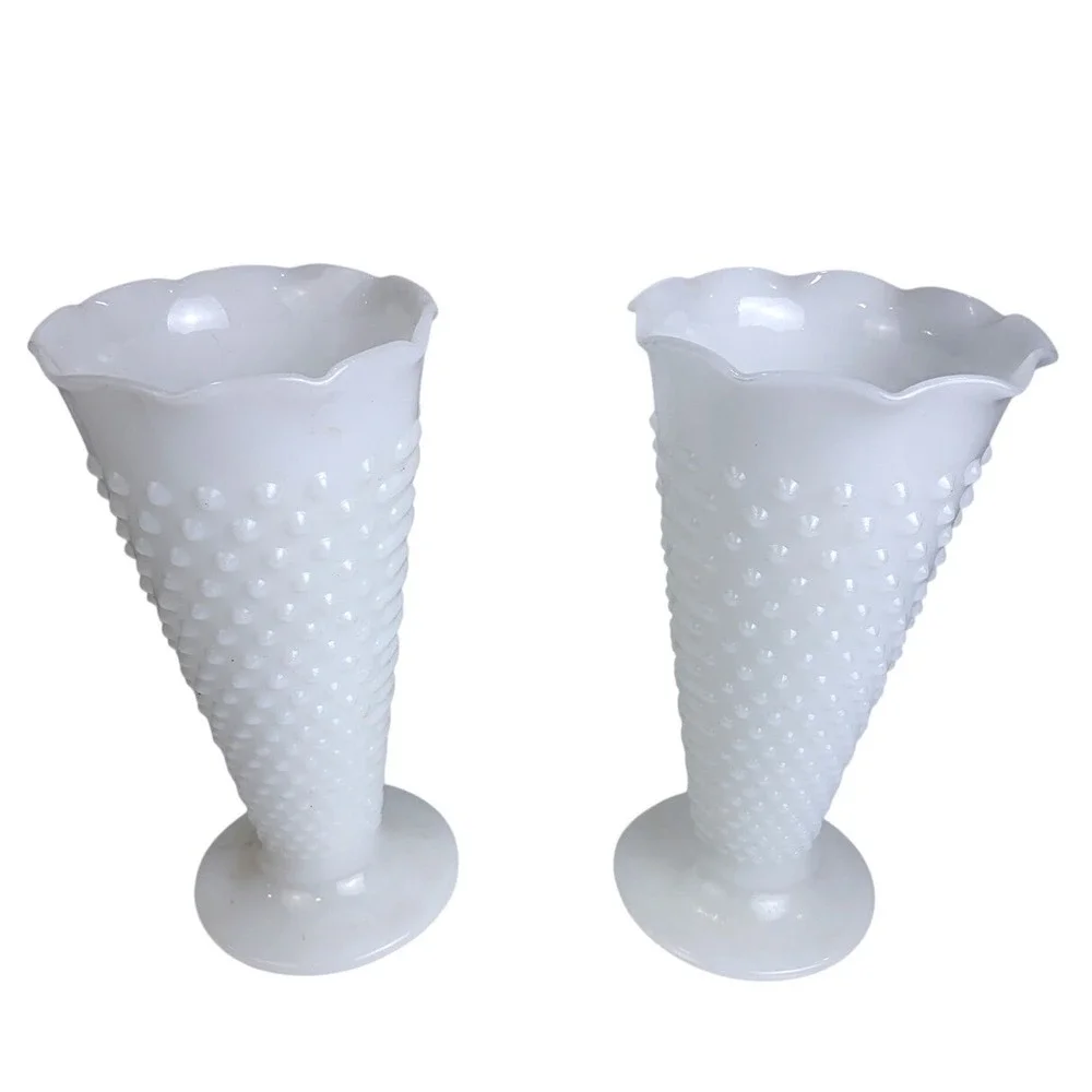Vintage Fenton White Milk Glass Hobnail Trumpet Vases Ruffled Rim Pedestal Pair